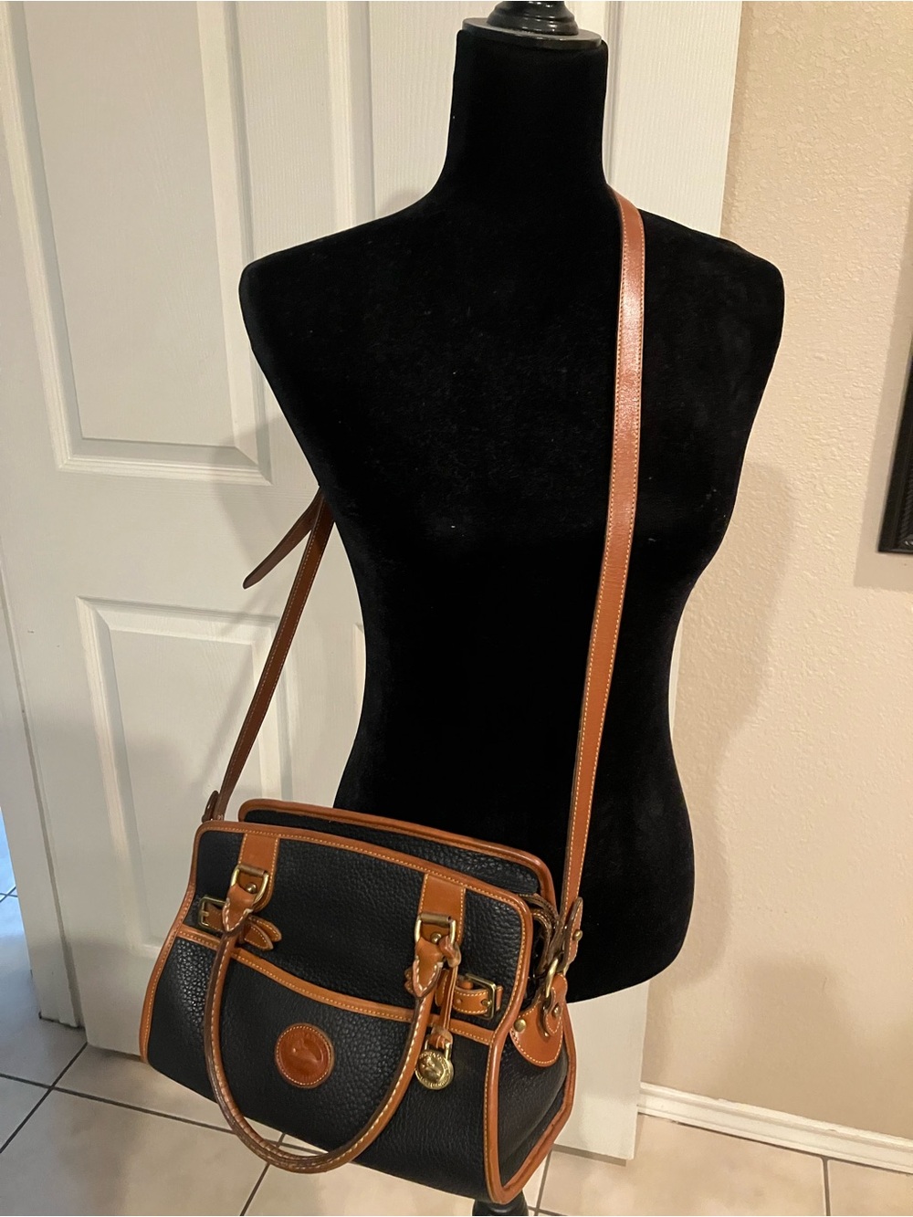 Vintage Dooney & Bourke Black Pebbled Leather Crossbody with Brown Trim